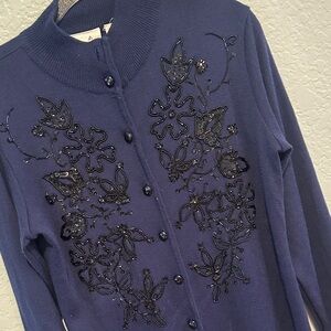 Liz Claiborne VTG Sz Large Dark Blue Sweater Dress with Black Beaded Accents